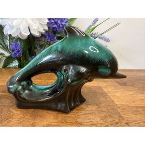 Vintage Blue Mountain Pottery‎ Dolphin Figurine Canadian Green Drip Glaze